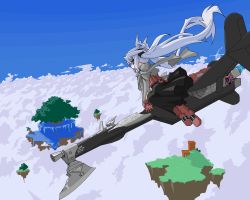 Rule 34 | 1girl, bayonet, black dress, black ribbon, blue eyes, blue sky, boots, broom, broom riding, capelet, cloud, cloudy sky, day, dress, floating island, flying, gun, long hair, mof, mof&#039;s silver haired twintailed girl, oekaki, original, red footwear, red shirt, ribbon, riding, rifle, shirt, sidesaddle, silver hair, sitting, sky, solo, tree, twintails, very long hair, weapon