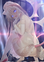 Rule 34 | 1girl, animal ears, ass, bare shoulders, blue eyes, blurry, blurry background, blush, boots, breasts, cat ears, demon girl, dress, elbow gloves, from behind, full body, gloves, hair between eyes, hair ornament, hairclip, hat, high heel boots, high heels, highres, large breasts, legs, long hair, looking at viewer, looking back, open mouth, original, see-through, shoes, sleeveless, sleeveless dress, socks, solo, spread legs, squatting, sweat, tail, thigh boots, thighhighs, thighs, tongue, very long hair, white dress, white gloves, white hair, white hat, white socks, white thighhighs, white wings, wings, yano mitsuki (nanairo)