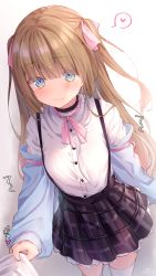Rule 34 | 1girl, bad id, bad pixiv id, black choker, black skirt, blue eyes, blue jacket, blush, brown hair, choker, closed mouth, commentary request, dress shirt, gradient background, grey background, hair between eyes, hair ribbon, heart, highres, hime-chan (ramchi), jacket, long hair, neck ribbon, off shoulder, open clothes, open jacket, original, pink ribbon, plaid, plaid skirt, pleated skirt, ramchi, ribbon, shirt, signature, skirt, smile, solo, spoken heart, suspender skirt, suspenders, thighhighs, two side up, very long hair, white background, white shirt, white thighhighs