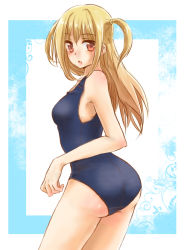 Rule 34 | 00s, 1girl, ass, bad id, bad pixiv id, blonde hair, blush, breasts, female focus, long hair, maria holic, mole, mole under eye, one-piece swimsuit, red eyes, school swimsuit, shidou shizu, solo, swimsuit, tani42, twintails