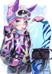 Rule 34 | 1girl, absurdres, alternate costume, animal ears, beanie, blue eyes, blush, brown hair, closed mouth, coat, cold, ear covers, goggles, goggles on head, hand on own hip, hat, hcstyrus ii, highres, hood, hood down, hooded coat, horse ears, long sleeves, looking at viewer, mittens, narita taishin (umamusume), nose blush, pink hat, short hair, snowboard, solo, standing, tongue, tongue out, umamusume, upper body, v-shaped eyebrows