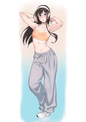 Rule 34 | 1girl, alternate costume, aqua eyes, black hair, collarbone, full body, glasses, grey pants, hairband, highres, kantai collection, long hair, looking at viewer, navel, ooyodo (kancolle), open mouth, orange sports bra, pants, shoes, sneakers, solo, sports bra, track pants, white footwear, white hairband, yuuji (and)