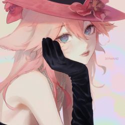 Rule 34 | 1girl, alternate costume, animal ears, bead necklace, beads, black gloves, blue eyes, blush, closed mouth, commentary, elbow gloves, english commentary, flower, fox ears, genshin impact, gloves, hair between eyes, hat, hat flower, head rest, highres, jewelry, lips, long hair, looking at viewer, lyrah, necklace, pink hair, pink hat, portrait, red flower, simple background, solo, yae miko