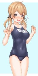 Rule 34 | 1girl, anchor hair ornament, aqua eyes, arms up, blonde hair, blue background, blue one-piece swimsuit, competition school swimsuit, covered navel, flying sweatdrops, hair ornament, kantai collection, kurogane daichi, looking at viewer, low twintails, name tag, one-piece swimsuit, prinz eugen (kancolle), school swimsuit, solo, swimsuit, twintails, two-tone background, white background