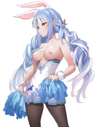 Rule 34 | 1girl, adapted costume, animal ear fluff, animal ears, blue hair, breasts, choker, collarbone, cowboy shot, extra ears, fuyouchu, hand on own hip, high-waist skirt, holding, holding pom poms, hololive, long hair, looking away, medium breasts, multicolored hair, nipples, pantyhose, parted lips, pom pom (cheerleading), pom poms, rabbit ears, red eyes, simple background, skirt, solo, standing, topless, twintails, two-tone hair, usada pekora, very long hair, virtual youtuber, white background, white choker, white hair, white skirt, wrist cuffs