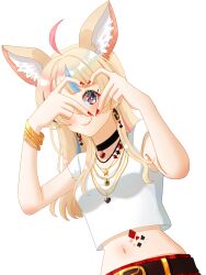 Rule 34 | 1girl, absurdres, ahoge, animal ear fluff, animal ears, belt, black choker, black hair, blonde hair, blue hair, blush, bracelet, brown belt, choker, closed mouth, commentary request, cowboy shot, cropped shirt, dutch angle, earrings, fox ears, fox girl, heart, heart choker, heart hands, heart hands over eye, highres, hololive, jewelry, kai otk, long hair, looking at viewer, midriff, multicolored hair, multiple bracelets, multiple necklaces, nail polish, navel, official alternate costume, official alternate hairstyle, omaru polka, omaru polka (5th costume), pink hair, purple eyes, red nails, shirt, short sleeves, simple background, smile, solo, standing, star-shaped pupils, star (symbol), streaked hair, symbol-shaped pupils, t-shirt, virtual youtuber, white background, white shirt
