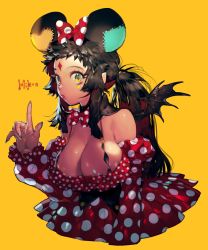 Rule 34 | + +, 1girl, animal ears, bare shoulders, black hair, bow, bowtie, breasts, cleavage, demon wings, dress, facial mark, gradient eyes, green eyes, highres, index finger raised, large breasts, lips, long hair, mouse ears, multicolored eyes, nail polish, original, parted lips, pigeon666, polka dot, polka dot ribbon, ponytail, red dress, ribbon, short hair with long locks, simple background, solo, strap, wings, yellow background