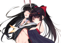 Rule 34 | 2girls, :q, agano (azur lane), ahoge, azur lane, bare shoulders, black eyes, black hair, black shirt, bow, breasts, commentary request, hair bow, hand under clothes, horns, hug, hug from behind, large breasts, long hair, multiple girls, navel, neckerchief, noshiro (azur lane), off shoulder, oni horns, ponytail, red eyes, sailor collar, schreibe shura, shirt, simple background, stomach, tongue, tongue out, upper body, white background, wide sleeves, yuri