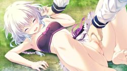 Rule 34 | 1girl, :d, armpits, bandeau, bare arms, bare legs, bare shoulders, barefoot, black bandeau, blush, braid, breasts, censored, closed eyes, clothes lift, day, fingering, game cg, hair between eyes, holding another&#039;s wrist, iris krug, long hair, lying, midriff, mizunezumi, mosaic censoring, on back, on grass, open mouth, outdoors, pink ribbon, pussy, pussy juice, re;lord dai san shou, ribbon, single braid, skirt, skirt lift, small breasts, smile, soles, solo focus, stomach, white hair