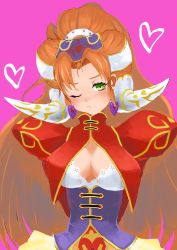 Rule 34 | 1girl, absurdres, akumesik, blush, breasts, closed mouth, corset, earrings, grandia, grandia ii, green eyes, highres, jewelry, long hair, looking at viewer, millenia (grandia), one eye closed, red hair, simple background, solo