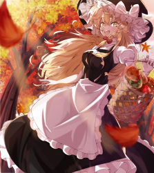 Rule 34 | 1girl, apron, autumn, autumn leaves, basket, black hat, black skirt, black vest, blonde hair, bow, braid, commentary request, dutch angle, falling leaves, forest, frilled hat, frilled skirt, frills, hair bow, hat, hat bow, highres, holding, holding basket, kirisame marisa, leaf, long hair, mot (gnun2235), mushroom, nature, open mouth, puffy short sleeves, puffy sleeves, shirt, short sleeves, side braid, single braid, skirt, solo, teeth, touhou, tree, upper teeth only, very long hair, vest, white apron, white bow, white shirt, yellow eyes