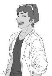Rule 34 | 1boy, :d, aged up, closed eyes, collarbone, commentary request, creatures (company), game freak, greyscale, hop (pokemon), lab coat, male focus, monochrome, nintendo, open mouth, pokemon, pokemon swsh, sankaku, shirt, short hair, simple background, smile, solo, sunglasses, teeth, tongue, upper body, white-framed eyewear, white background, |d