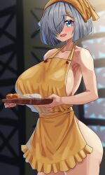 Rule 34 | absurdres, akasaka4005, apron, blue eyes, blush, breasts, food, food request, grey hair, hair ornament, hair over one eye, hairclip, hamakaze (kancolle), highres, holding, holding food, kantai collection, large breasts, naked apron, short hair, sideboob, smile, white hair, yellow apron