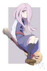 Rule 34 | 10s, 1girl, black legwear, broom, broom riding, half-closed eyes, highres, little witch academia, loafers, long hair, momo (higanbana and girl), pale skin, pink hair, red eyes, shirt, shoes, simple background, smile, solo, sucy manbavaran, witch