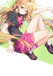 Rule 34 | 1girl, ankle bow, ankle ribbon, arm at side, artist name, black shirt, blonde hair, blouse, bow, bowtie, breasts, brown footwear, closed mouth, dress shirt, from side, hair between eyes, hand on own knee, leg ribbon, loafers, long hair, looking at viewer, miniskirt, original, pink bow, pink bowtie, pink skirt, pleated skirt, ribbon, roang, school uniform, shirt, shoes, short sleeves, skirt, small breasts, socks, solo, squatting, striped bow, striped bowtie, striped clothes, striped neckwear, very long hair, yellow eyes