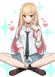 Rule 34 | 1girl, absurdres, black socks, blonde hair, blush, breasts, choker, collared shirt, commentary, dress shirt, earrings, green322, heart, highres, indian style, jewelry, kitagawa marin, large breasts, legs, long hair, long sleeves, looking at viewer, red eyes, ring, shirt, sitting, skirt, smile, socks, solo, sono bisque doll wa koi wo suru, tied shirt, v, white shirt