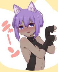 Rule 34 | 1girl, :d, animal ear fluff, animal ears, bare shoulders, beige background, black leotard, black sleeves, blush, breasts, cat ears, covered collarbone, cropped torso, dark skin, dark-skinned female, detached sleeves, fate/prototype, fate/prototype: fragments of blue and silver, fate (series), hands up, hassan of serenity (fate), i.u.y, kemonomimi mode, leotard, long sleeves, navel, nose blush, open mouth, paw pose, purple eyes, purple hair, sleeves past wrists, small breasts, smile, solo, translation request, two-tone background, upper body, white background
