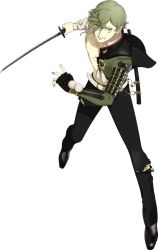 Rule 34 | 10s, 1boy, full body, green hair, katana, looking at viewer, male focus, official art, parted lips, shirano, short hair, solo, sword, torn clothes, touken ranbu, transparent background, uguisumaru, weapon