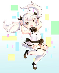 Rule 34 | 1girl, :d, absurdres, aged down, ahoge, arms up, bare shoulders, belt buckle, belt collar, black bow, black collar, black footwear, black ribbon, blush, bow, brown eyes, buckle, bunching hair, collar, commentary request, dress shirt, five-seven (adventures of fenfen) (girls&#039; frontline), five-seven (girls&#039; frontline), girls&#039; frontline, hair ornament, hair ribbon, highres, holding, holding own hair, long hair, looking away, looking up, official alternate costume, open mouth, pleated skirt, ribbon, round teeth, shiro hakuchou, shirt, shoes, silver hair, skirt, sleeveless, sleeveless shirt, smile, solo, teeth, thighhighs, upper teeth only, very long hair, white shirt, white skirt, white thighhighs
