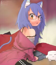 Rule 34 | 1girl, absurdres, animal ear fluff, animal ears, bare shoulders, cat, cat ears, cat girl, cat tail, evermind, glasses, highres, long hair, looking at viewer, looking back, md5 mismatch, open mouth, original, resolution mismatch, simple background, solo, source smaller, steam deck, tail, tail raised, transparent background