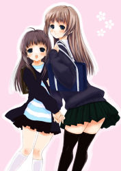 Rule 34 | 2girls, :d, ahoge, backpack, bag, black socks, blue eyes, blush, brown hair, from behind, height difference, holding hands, interlocked fingers, kneehighs, long hair, looking at viewer, looking back, mikazukimo, miniskirt, multiple girls, open mouth, outline, pink background, pleated skirt, school bag, school uniform, serafuku, shirt, simple background, skirt, smile, socks, striped clothes, striped shirt, sweater, thighhighs, white legwear, zettai ryouiki