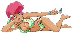 Rule 34 | 1girl, barefoot, bracelet, breasts, cleavage, crop top, dirty pair, full body, headband, jewelry, kei (dirty pair), large breasts, navel, non-web source, official art, open mouth, photoshop (medium), red hair, short hair, short shorts, shorts, simple background, solo, white background