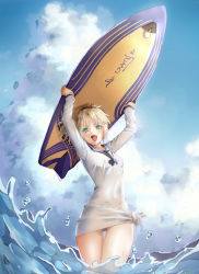 Rule 34 | 1girl, :d, absurdres, arms up, blonde hair, blue eyes, breasts, cloud, cloudy sky, covered navel, cowboy shot, day, excaliboard, fang, fate/grand order, fate (series), gluteal fold, highres, holding, holding surfboard, long sleeves, mordred (fate), mordred (fate) (all), mordred (fate/apocrypha), mordred (swimsuit rider) (fate), mordred (swimsuit rider) (second ascension) (fate), naked shirt, no pants, ocean, open mouth, outdoors, sailor collar, sailor shirt, shirt, sky, small breasts, smile, solo, surfboard, surfing, tesin (7aehyun), tied shirt, water, wet, wet clothes, wet shirt