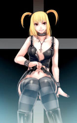 Rule 34 | 00s, amane misa, blonde hair, chiba toshirou, cross, death note, goth fashion, jewelry, nail polish, navel, navel piercing, necklace, open clothes, open shirt, piercing, shirt, smile, striped legwear, thighhighs, twintails