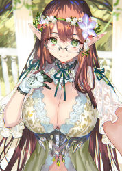 Rule 34 | 1girl, armor, blurry, blurry background, breasts, brown hair, cleavage, closed mouth, commentary request, crystal, dress, elf, flower, flower wreath, frilled sleeves, frills, gem, gloves, green ribbon, hair flower, hair ornament, hair ribbon, head wreath, highres, lace, lace-trimmed gloves, lace trim, large breasts, long hair, looking at viewer, neck ribbon, original, outstretched arm, pointy ears, puffy short sleeves, puffy sleeves, railing, ran&#039;ou (tamago no kimi), reaching, reaching towards viewer, ribbon, rimless eyewear, see-through, selfie, short sleeves, smile, solo, tress ribbon, underbust, upper body