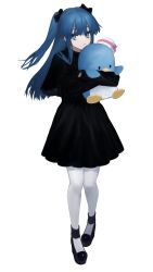 Rule 34 | 1girl, absurdres, black bow, black dress, black footwear, blue eyes, blue hair, bow, budo (budoboros), closed mouth, commentary request, dress, earmuffs, eyes visible through hair, full body, hair bow, highres, holding, holding stuffed toy, hugging object, long hair, looking at viewer, original, pantyhose, sanrio, simple background, sleeves past wrists, solo, standing, stuffed animal, stuffed penguin, stuffed toy, tuxedo sam, two side up, white background, white pantyhose