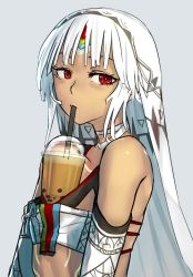 Rule 34 | 1girl, altera (fate), bare shoulders, bubble tea, dark-skinned female, dark skin, detached sleeves, drinking, drinking straw, fate/grand order, fate (series), grey background, i-pan, looking at viewer, red eyes, short hair, simple background, solo, tattoo, veil, white hair