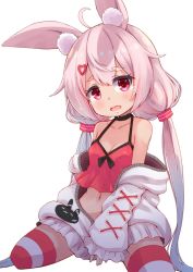 Rule 34 | 1girl, ahoge, animal ear fluff, animal ears, between legs, breasts, camisole, choker, cleavage, coat, hair ornament, hairclip, hand between legs, long hair, low twintails, navel, no pants, off shoulder, open clothes, open coat, open mouth, pink hair, rabbit ears, red eyes, simple background, siragagaga, sitting, small breasts, solo, spread legs, striped clothes, striped thighhighs, thighhighs, tomari mari, tomari mari channel, twintails, very long hair, virtual youtuber, white background, white coat