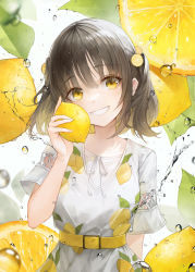 Rule 34 | 1girl, absurdres, blush, brown hair, crystalherb, dress, food, food-themed hair ornament, fruit, hair ornament, hand up, head tilt, highres, holding, holding food, holding fruit, lemon, looking at viewer, medium hair, open mouth, original, short sleeves, smile, solo, twintails, water drop, white dress, yellow eyes