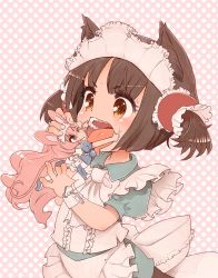 Rule 34 | 2girls, animal ears, apron, black hair, cat ears, chibi, dress, green dress, grimace, headdress, licking, maid, maid apron, maid headdress, multiple girls, okome (ricecandy), open mouth, original, pink hair, short sleeves, size difference, sweatdrop, teeth, tongue, tongue out