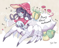 Rule 34 | 1girl, @ @, arachne, arthropod girl, arthropod limbs, artist name, bare shoulders, black hair, black nails, blue skin, box, breasts, candy, candy cane, carapace, cleavage, colored skin, commentary request, detached sleeves, fangs, fly agaric, food, full body, gift, gift box, grin, hair between eyes, hair over one eye, holding, holding gift, insect girl, large breasts, long hair, looking at viewer, merry christmas, monster girl, multiple legs, mushroom, mushroom girl, mushroom hat, nakata shizu, navel, original, paid reward available, parasite, red eyes, sharp teeth, silk, smile, solo, spider girl, spider web, standing, stomach, taur, teeth, wavy hair, wide sleeves