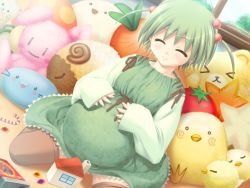 Rule 34 | 1girl, blush, dress, game cg, green hair, indoors, minna daisuki kozukuri banchou, pregnant, smile, solo, stuffed animal, stuffed toy, twintails