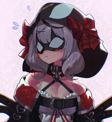 Rule 34 | 1girl, animal hood, black collar, blush, bow, breasts, camisole, chest belt, cleavage, collar, commentary, cookiedusty, flying sweatdrops, grey hair, heart, highres, hololive, hood, mask, medium breasts, off-shoulder jacket, off shoulder, orca hood, plaid, plaid bow, red bow, sakamata chloe, sakamata chloe (1st costume), solo, spaghetti strap, upper body, virtual youtuber, white camisole