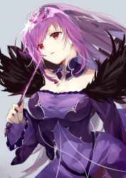 Rule 34 | 1girl, breasts, cleavage, collarbone, commentary request, dress, fate/grand order, fate (series), grey background, highres, holding, holding wand, large breasts, long hair, long sleeves, looking away, parted lips, pink hair, puracotte, purple dress, red eyes, scathach (fate), scathach skadi (fate), simple background, smile, solo, upper body, very long hair, wand, wide sleeves