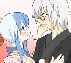 Rule 34 | 1boy, 1girl, alternate costume, alternate hairstyle, blue hair, blush, couple, eating, eye contact, food, food in mouth, glasses, grey hair, hair ornament, hand on another&#039;s shoulder, hetero, japanese clothes, jewelry, kamishirasawa keine, kimono, long hair, looking at another, mochi, morichika rinnosuke, multicolored hair, new year, pink background, red eyes, ring, sag (karehabase), shared food, short hair, sidelocks, touhou, two-tone hair, wagashi, yellow eyes