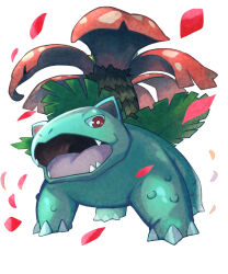 Rule 34 | animal focus, bright pupils, claws, commentary request, creatures (company), game freak, gen 1 pokemon, highres, looking at viewer, nintendo, no humans, nostrils, open mouth, petals, pokemon, pokemon (creature), red eyes, simple background, solo, teo (telo ruka), tongue, venusaur, white background, white pupils