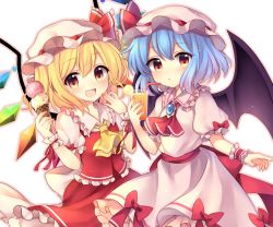Rule 34 | 2girls, :d, :o, absurdres, ascot, back bow, barefoot, bat wings, blue hair, blush, bow, brooch, buttons, center frills, commentary request, crystal, cup, dress, dress bow, drinking glass, drinking straw, eyelashes, fang, fingernails, flandre scarlet, food, frilled shirt collar, frilled skirt, frills, fruit, hat, hat ribbon, highres, ice cream cone, jewelry, juice, looking at viewer, mob cap, multiple girls, one eye closed, one side up, open mouth, orange (fruit), orange juice, orange slice, pink dress, pink headwear, puffy short sleeves, puffy sleeves, red ascot, red eyes, red sash, red skirt, red vest, remilia scarlet, ribbon, ruhika, sash, shirt, short hair, short sleeves, siblings, side ponytail, simple background, sisters, skirt, slit pupils, smile, touhou, upper body, vest, white background, white shirt, wings, wrist cuffs