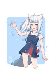 Rule 34 | 1girl, :d, absurdres, animal ears, bag, blue background, blue eyes, blue hair, blue skirt, blue vest, blush, cat ears, commentary, english commentary, gawr gura, gawr gura (casual), hand up, highres, hololive, hololive english, looking at viewer, midriff peek, mugen0017, multicolored hair, open mouth, shirt, short sleeves, shoulder bag, side ponytail, signature, skirt, smile, solo, standing, streaked hair, tail, vest, virtual youtuber, waving, white hair, white shirt