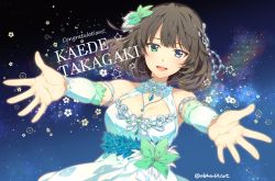 Rule 34 | 10s, 1girl, alpha (yukai na nakamatachi), armlet, artist name, bare shoulders, blue background, blue eyes, breasts, brown hair, character name, cleavage, cleavage cutout, clothing cutout, commentary request, detached sleeves, dress, flower, green eyes, green flower, hair flower, hair ornament, heterochromia, highres, idolmaster, idolmaster cinderella girls, idolmaster cinderella girls starlight stage, jewelry, looking at viewer, medium breasts, mole, mole under eye, necklace, open mouth, outstretched arms, pendant, reaching, reaching towards viewer, short hair, smile, solo, sparkle, star (symbol), takagaki kaede, twitter username