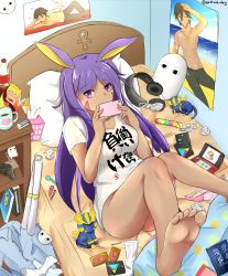 Rule 34 | &lt;o&gt; &lt;o&gt;, 1girl, animal ears, ankh, bad feet, bare legs, barefoot, bed, bedroom, blanket, blue shirt, book, bookshelf, bottle, bottomless, breasts, candy, casual, cellphone, chips (food), cleavage, clothes writing, coffee mug, collared shirt, controller, convenient leg, covering own mouth, cup, dark-skinned female, dark skin, dress shirt, eraser, facial mark, fate/grand order, fate/prototype, fate/prototype: fragments of blue and silver, fate (series), feet, figure, food, google play, hadoukirby, hair ornament, hairclip, hairpin, handheld game console, hands up, headphones, headphones removed, heart, highres, indoors, kara no kyoukai, long hair, looking at viewer, lying, magic: the gathering, medium breasts, medjed (fate), messy room, mug, nintendo 3ds, nitocris (fate), on back, on bed, ozymandias (fate), panties, phone, pillow, pink panties, poster (object), purple eyes, purple hair, rabbit ears, shirt, short sleeves, snack, socks, soda, soda bottle, solo, sparkle, sphinx, t-shirt, tissue, tissue box, translation request, twitter username, type-moon, underwear, unworn panties, unworn shirt, very long hair, white shirt, white socks, wrapper