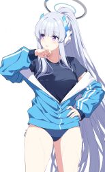 Rule 34 | 1girl, black shirt, blue archive, blue buruma, blue jacket, blush, breasts, buruma, clothes pull, commentary, cowboy shot, grey hair, halo, highres, jacket, jacket pull, long hair, long sleeves, mechanical halo, medium breasts, noa (blue archive), open mouth, partially unzipped, purple eyes, reia 76, shirt, simple background, solo, sweat, very long hair, white background