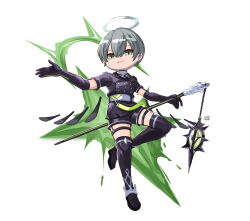 Rule 34 | 1boy, absurdres, arene (arknights), arknights, black footwear, black gloves, black jacket, black shorts, boots, elbow gloves, full body, gloves, green eyes, grey hair, hair between eyes, halo, highres, jacket, lataedelan, looking at viewer, male focus, parted lips, short shorts, short sleeves, shorts, simple background, smile, solo, thigh boots, white background