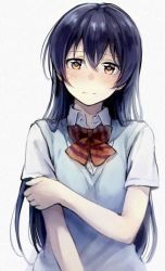 Rule 34 | 10s, 1girl, blue hair, blush, bow, bowtie, hair between eyes, hand on own arm, holding own arm, long hair, looking at viewer, love live!, love live! school idol project, school uniform, short sleeves, simple background, solo, sonoda umi, striped bow, striped bowtie, striped clothes, striped neckwear, sweater vest, upper body, yellow eyes, yukiiti