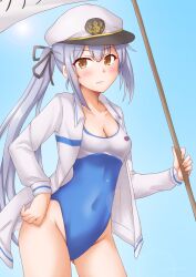 Rule 34 | 1girl, anti (untea9), blue background, blush, breasts, brown eyes, flag, gradient background, grey hair, high school fleet, highres, jacket, kantai collection, kasumi (kancolle), long hair, long sleeves, looking at viewer, multicolored clothes, multicolored swimsuit, ribbon, side ponytail, smile, solo, swimsuit, two-tone swimsuit, yokosuka girls marine high school swimsuit