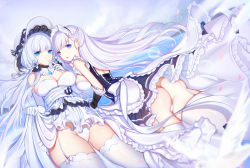 Rule 34 | 2girls, anchor, apron, ass, azur lane, bare shoulders, belfast (azur lane), braid, breasts, cleavage, cloud, cloudy sky, cowboy shot, dress, dutch angle, elbow gloves, frills, garter straps, gloves, hat, highres, illustrious (azur lane), isy, large breasts, lens flare, long hair, looking at viewer, looking back, maid apron, maid headdress, medium breasts, mole, mole under eye, multiple girls, panties, silver hair, skirt hold, sky, thighhighs, thighs, underwear, white dress, white gloves, white legwear, white panties