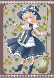 Rule 34 | 1girl, blonde hair, blush, book, bow, braid, broom, character name, choco (moyasi), choko (moyasi), curiosities of lotus asia, female focus, frills, hair bow, hat, hat bow, kirisame marisa, open mouth, short sleeves, side braid, single braid, solo, touhou, witch, witch hat, wrist cuffs, yellow eyes